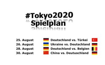 Spielplan für Tokio 2020 25. August, 10:30 – 14:45: Deutschland – Türkei 26. August, 10:30 – 14:45: Ukraine – Deutschland 28. August, 10:30 – 14:45: Deutschland – Belgien 30. August, 10:30 – 13:15: China – Deutschland