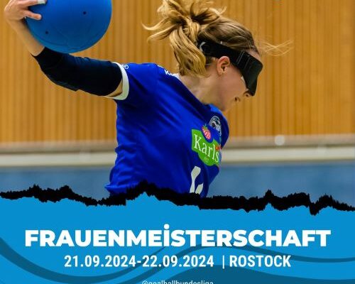 Ankündigung der Deutschen Frauenmeisterschaft vom 21,09, - 22.09.24 in Rostock. Im oberen Teil sieht man Charlotte Kaercher vom RGC Hansa beim Drehwurf